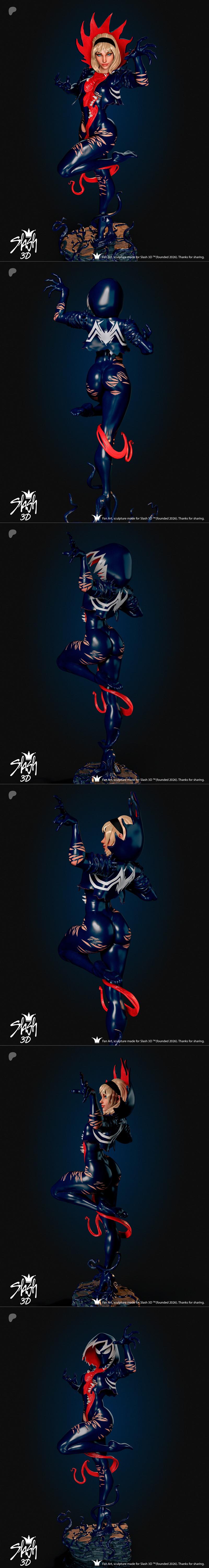 Gwenom in a dark, form-fitting symbiote suit with ripped sections and red tendrils, striking a dynamic pose with shar...