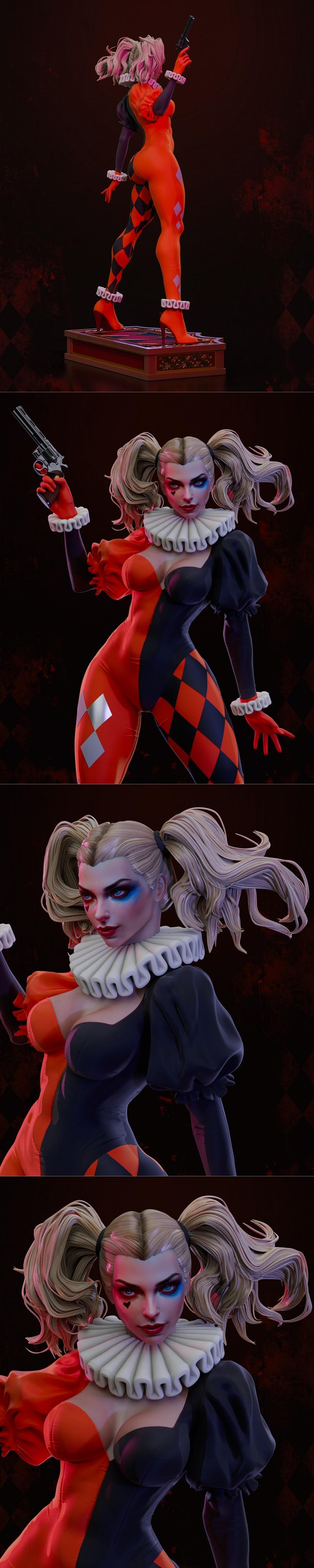 Harley Quinn 3D model in jester costume holding a gun, standing on a decorative base.