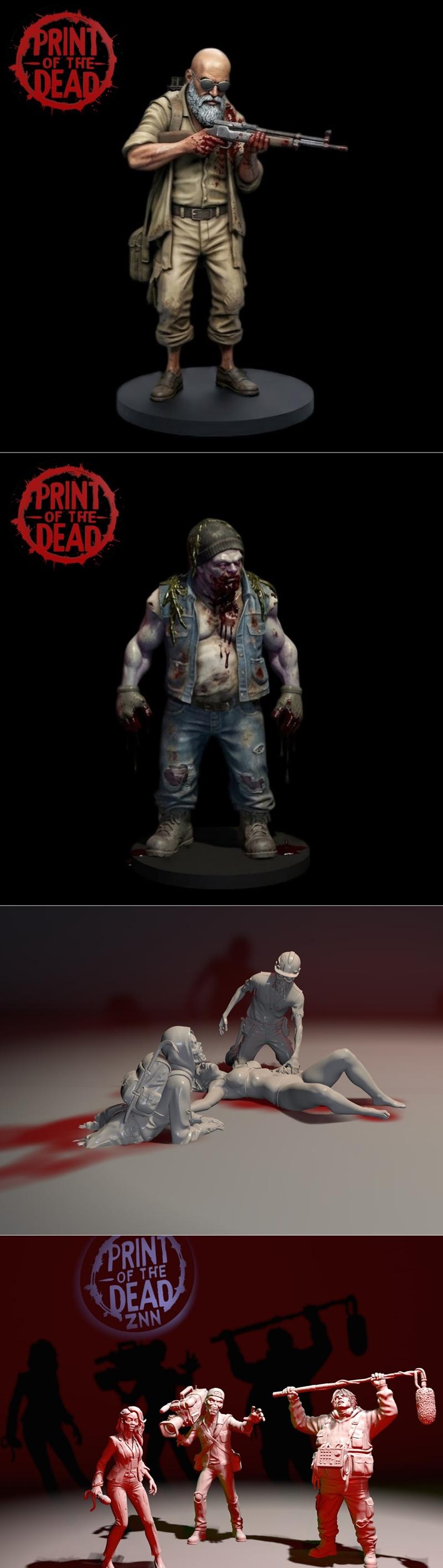 Collection of four 3D printable miniatures: a female survivor with a backpack and staff, and three distinct zombie fi...