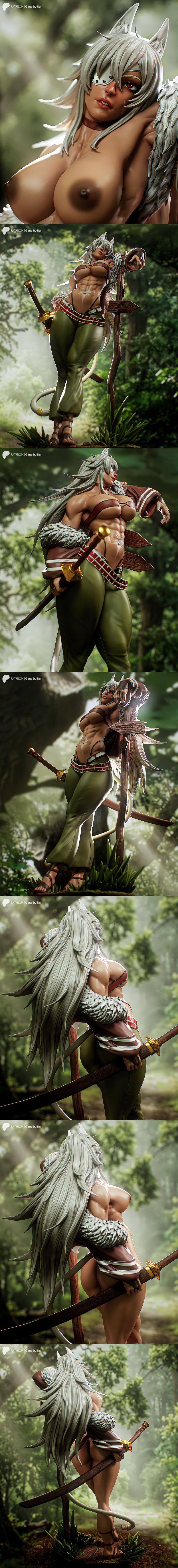Ghislaine Dedoldia from Mushoku Tensei, a muscular anime figure with wolf ears and tail, wearing a revealing outfit a...