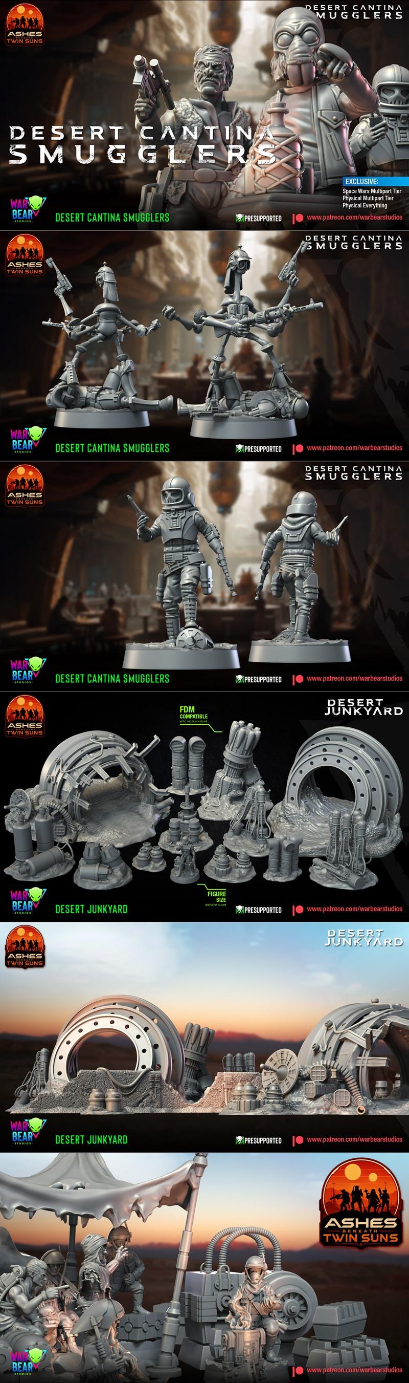 Collection of sci-fi smugglers for 3D printing, including human and alien figures with blasters and cantina props. Wa...