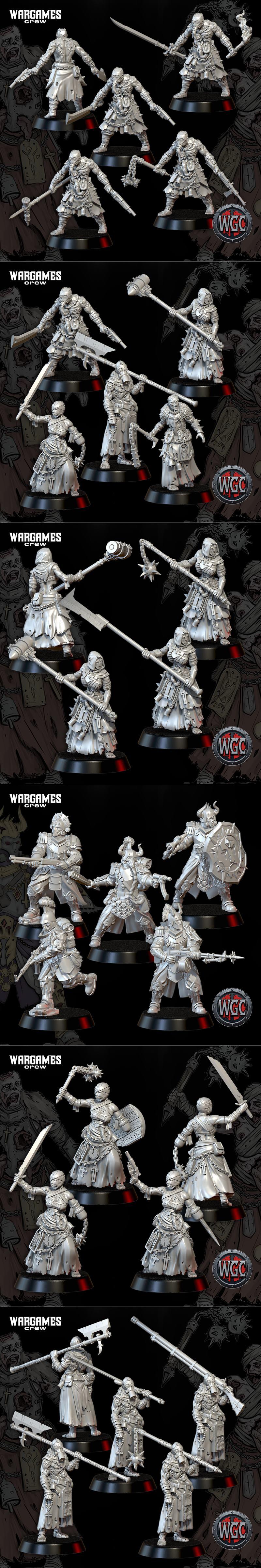 Collection of grimdark miniatures: mutated boars, armored warriors, and nurses with knives and medical equipment, all...