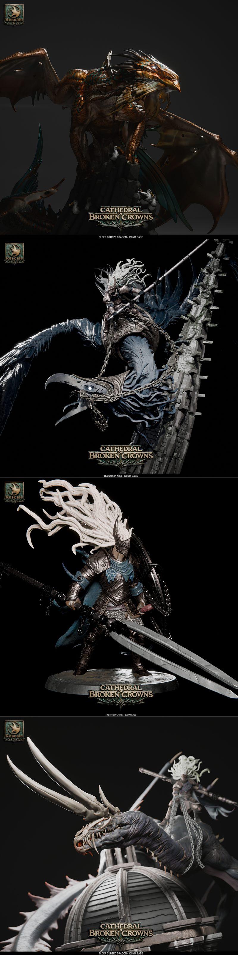 Collection of dark fantasy miniatures: armored knights with axes and swords, and a detailed dragon on a gothic base.