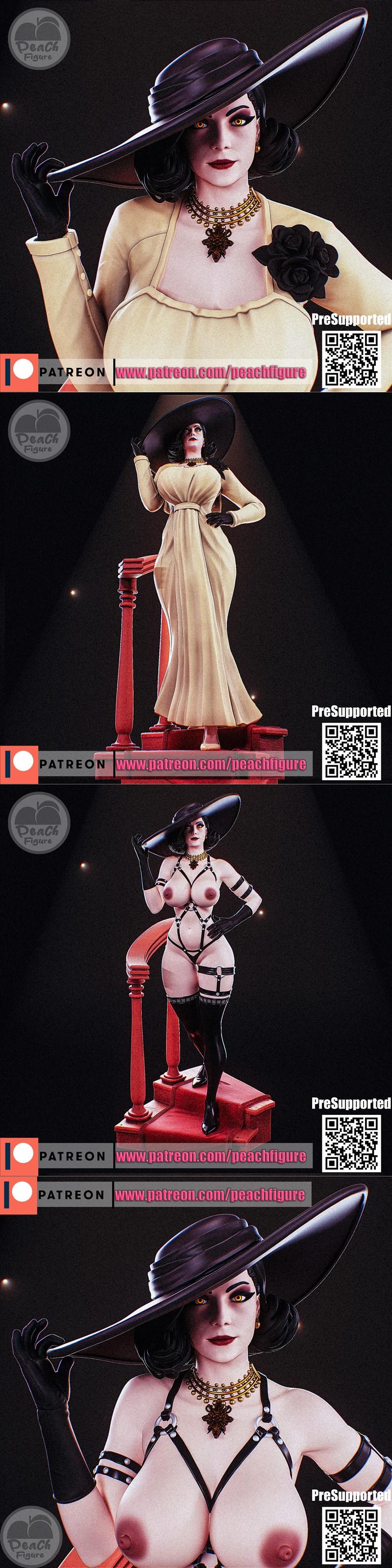 Alcina Dimitrescu 3D model in a yellow dress and black hat, posing on a red staircase. Alternate view shows her in re...