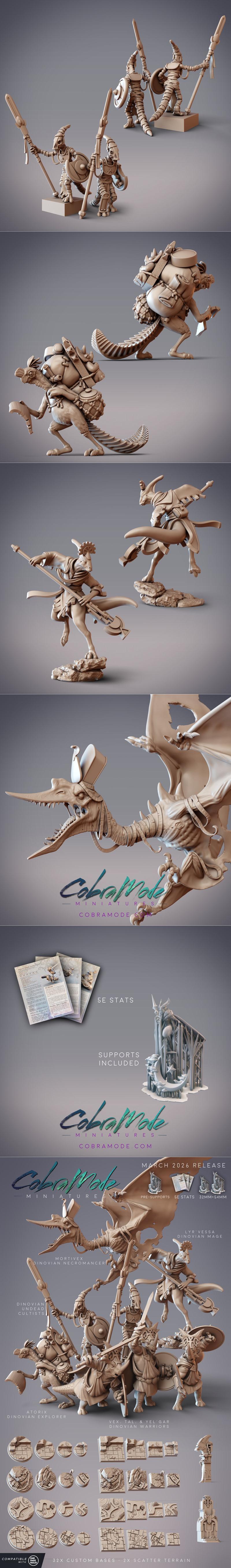 Collection of fantasy miniatures by CobraMode Miniatures, featuring animalistic warriors, mages, ninjas, and whimsica...