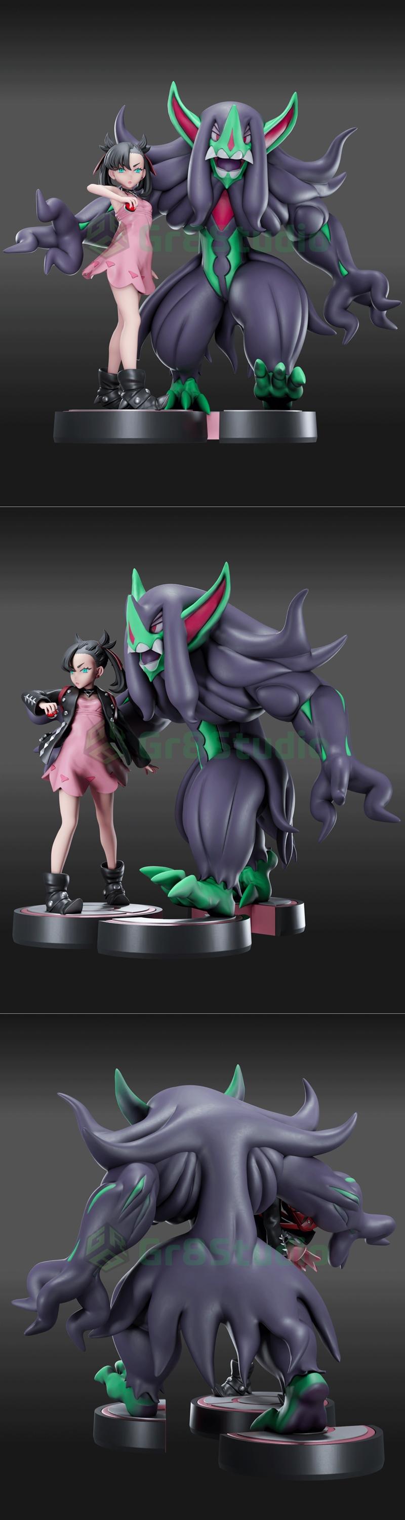 Marnie and Grimmsnarl figures from Pokemon, standing on a display base. Marnie wears a pink dress and black jacket, h...