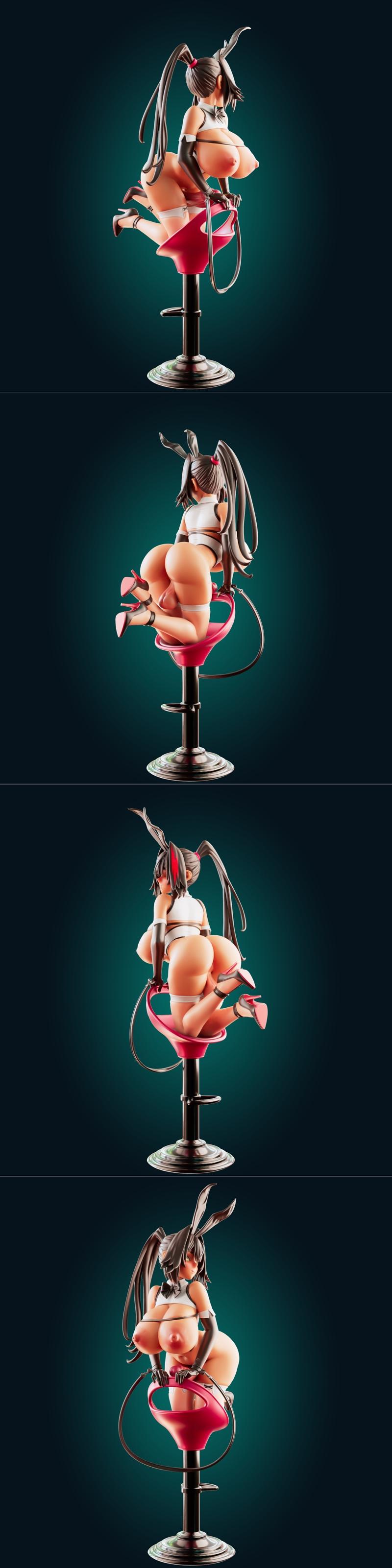 Nikke Bay Radiant Bunny character in a revealing bunny outfit, sitting on a red bar stool, 3D print model.