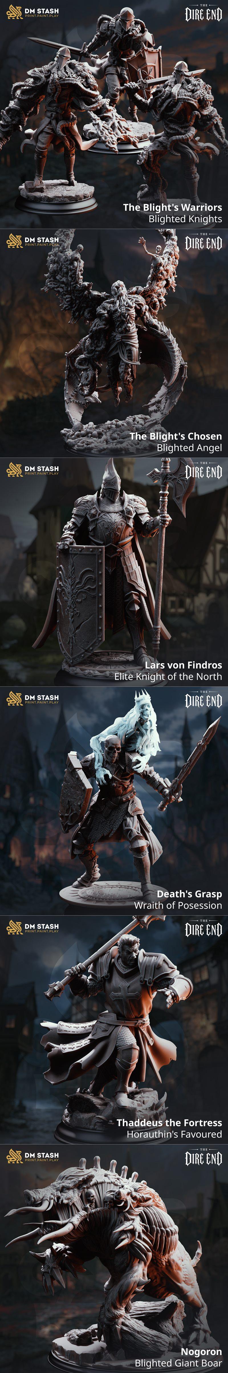 Collection of 21 dark fantasy miniatures including creatures like a giant boar and blighted knights, and characters s...