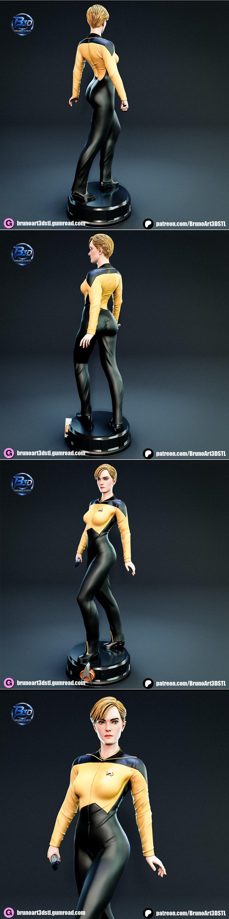 Tasha Yar from Star Trek in a yellow and black uniform, holding a tricorder, standing on a detailed base.