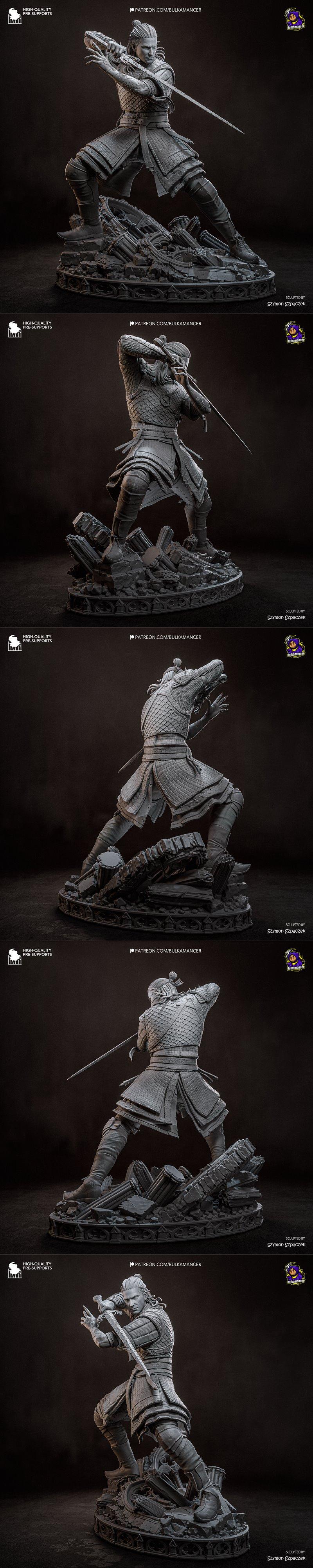 Fantasy warrior Coen in dynamic pose with sword, wearing detailed armor and showing arm tattoos, standing on a ruined...