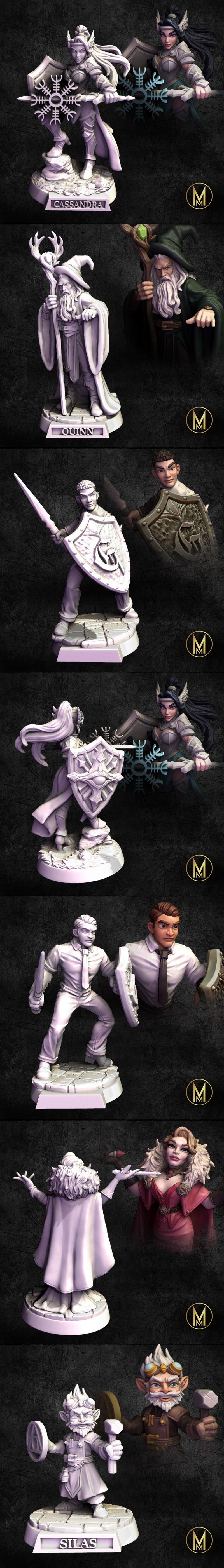 Collection of fantasy miniatures depicting students in school uniforms, some holding wands and others swords and shie...