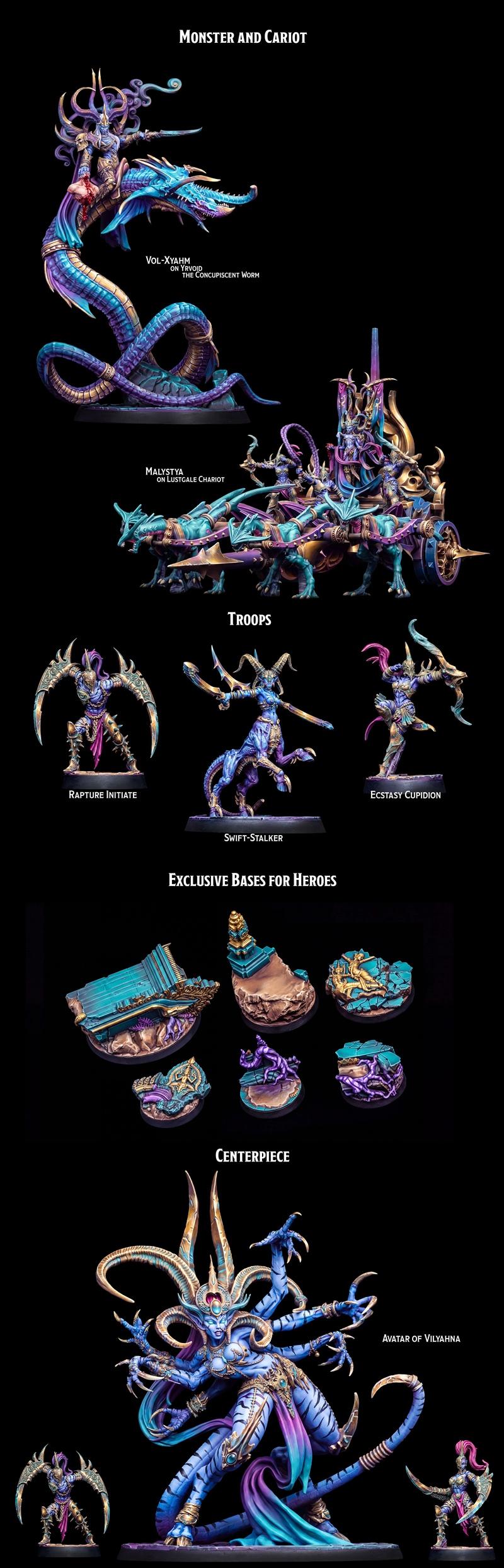 Three dynamic female elves with blue skin, tiger stripes, horns, and ornate armor. One wields a sword, another poses...