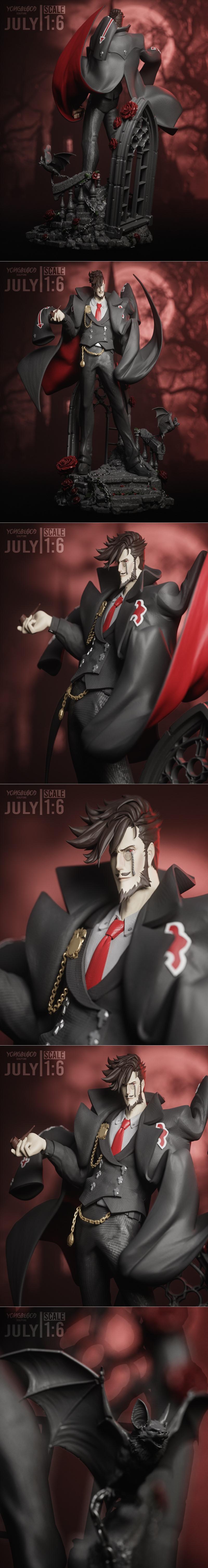 1:6 scale 3D print model of Slayer from Guilty Gear, posed dramatically on a gothic base with roses and chains.