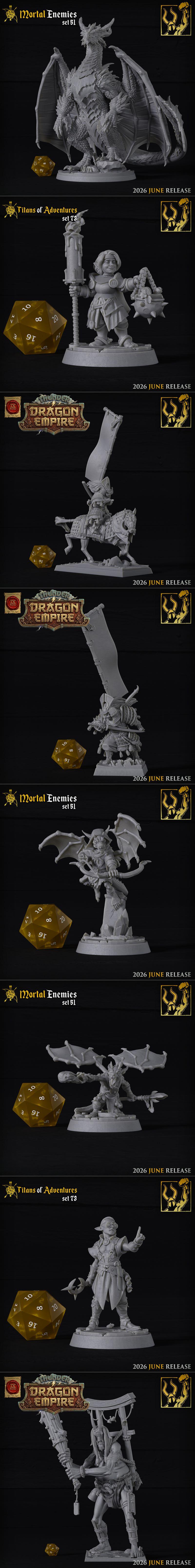 Collection of fantasy miniatures from Titan Forge Miniatures, including dragons, warriors, archers, and dwarves, pres...