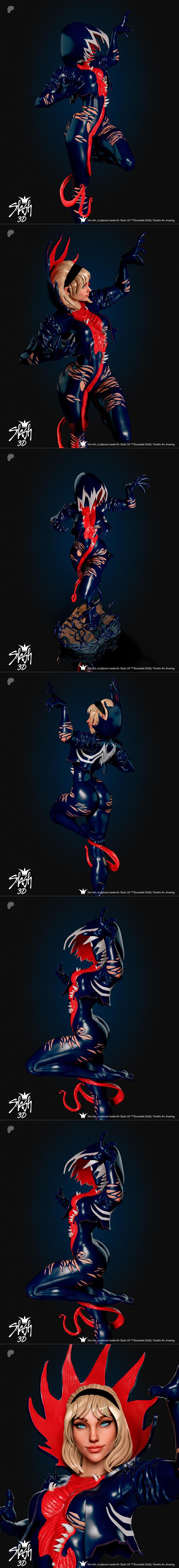 Gwenom in a dark, form-fitting symbiote suit with ripped sections and red tendrils, striking a dynamic pose with shar...