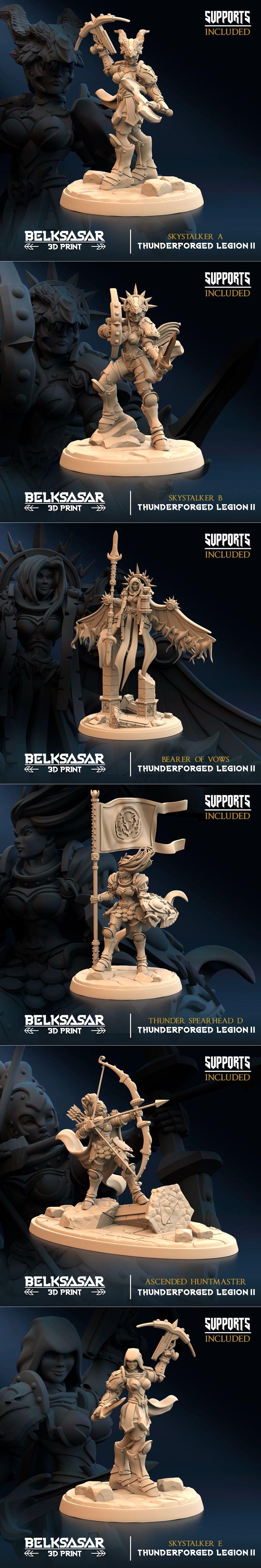 Collection of fantasy miniatures: female warriors with axes and swords, winged figures, and dragon riders, all on dis...