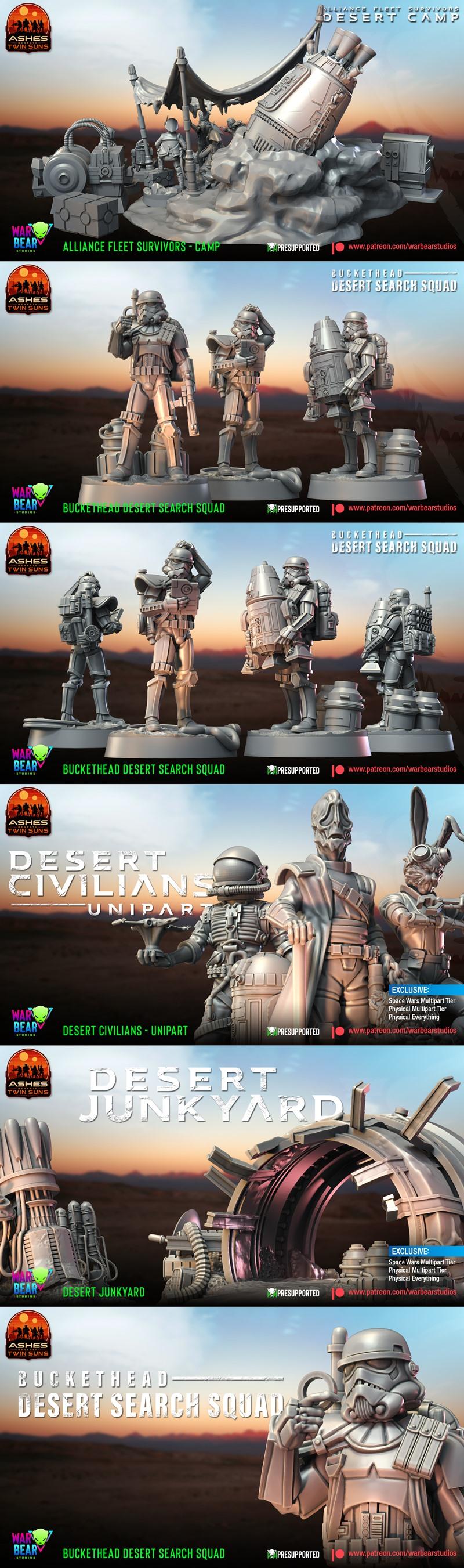 Collection of sci-fi smugglers for 3D printing, including human and alien figures with blasters and cantina props. Wa...