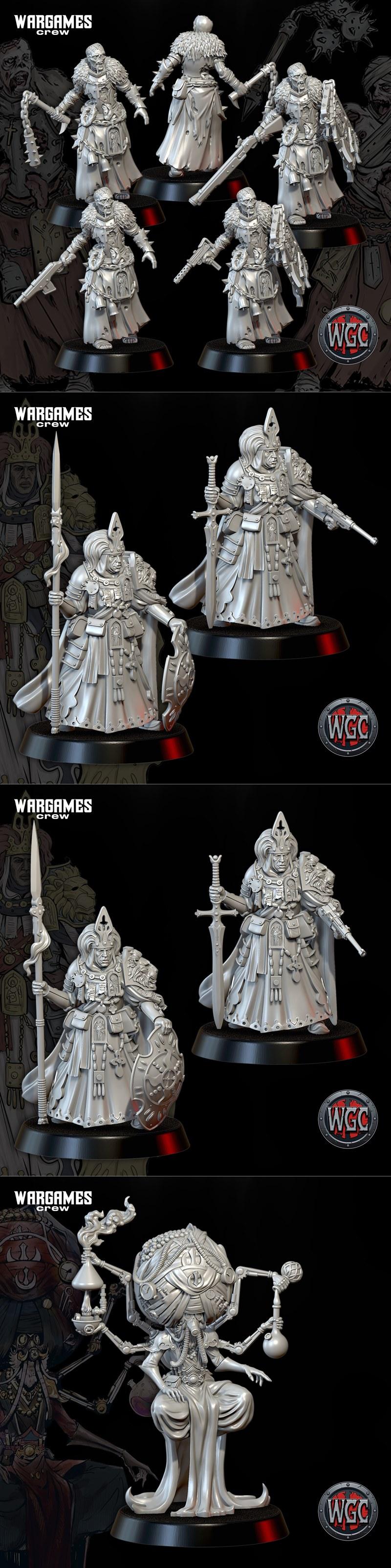 Collection of grimdark miniatures: mutated boars, armored warriors, and nurses with knives and medical equipment, all...