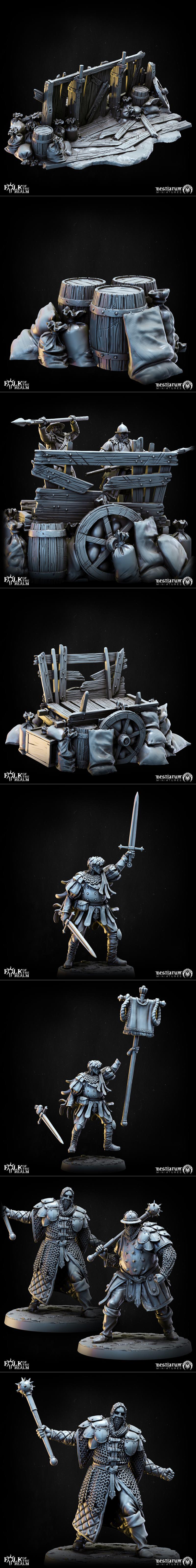 Collection of grimdark fantasy miniatures for tabletop gaming, including guards, peasants, and terrain pieces, all fr...