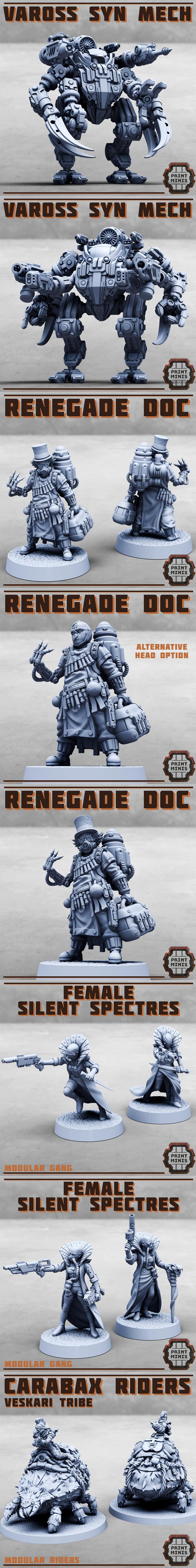 Collection of sci-fi miniatures including female soldiers, mushroom farmers with gas masks, gang sentries in trench c...