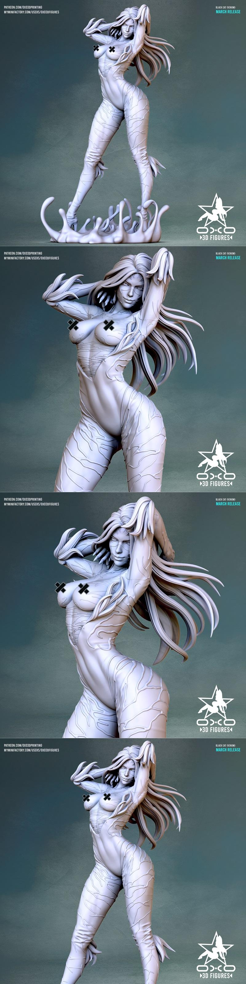 Black Cat (Venom) 3D model, wearing a black suit with white accents, emerging from black symbiote tendrils, with flow...