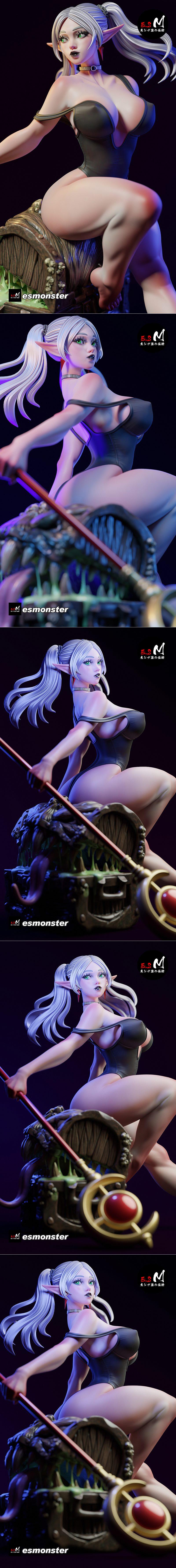 Elf mage Frieren in a revealing black leotard, seated on a monstrous throne, with silver twin-tail hair and green eyes.