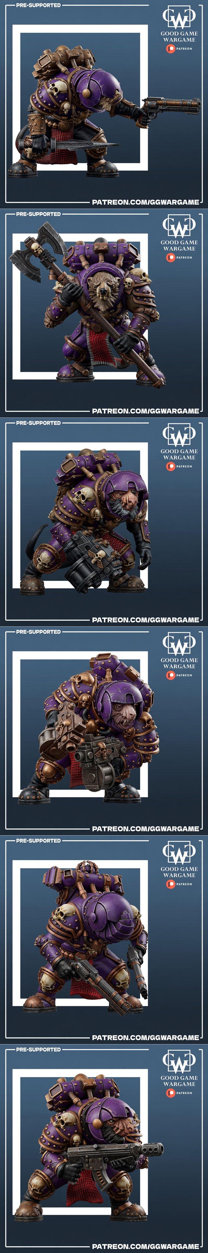 Collection of 3D printable miniatures: Chaos Space Marine with rifle, reptilian warriors with shields and spears, and...
