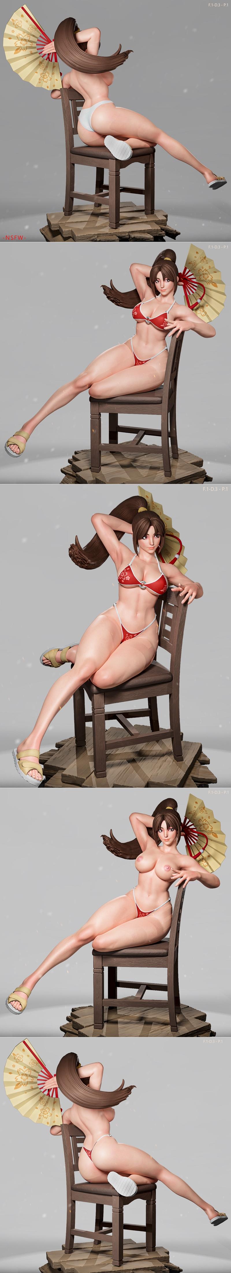 Mai Shiranui figure sitting on a wooden chair, holding a fan, wearing a white tank top and pink shorts, on a textured...