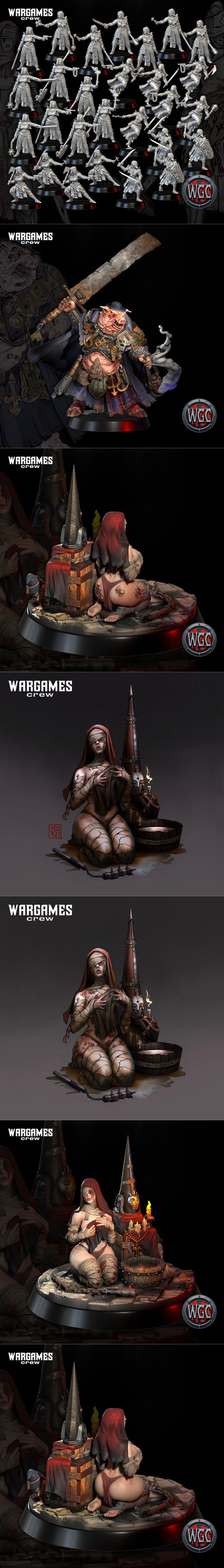 Collection of grimdark miniatures with a 'nuns' theme, featuring armored female warriors and a grotesque leader, pres...