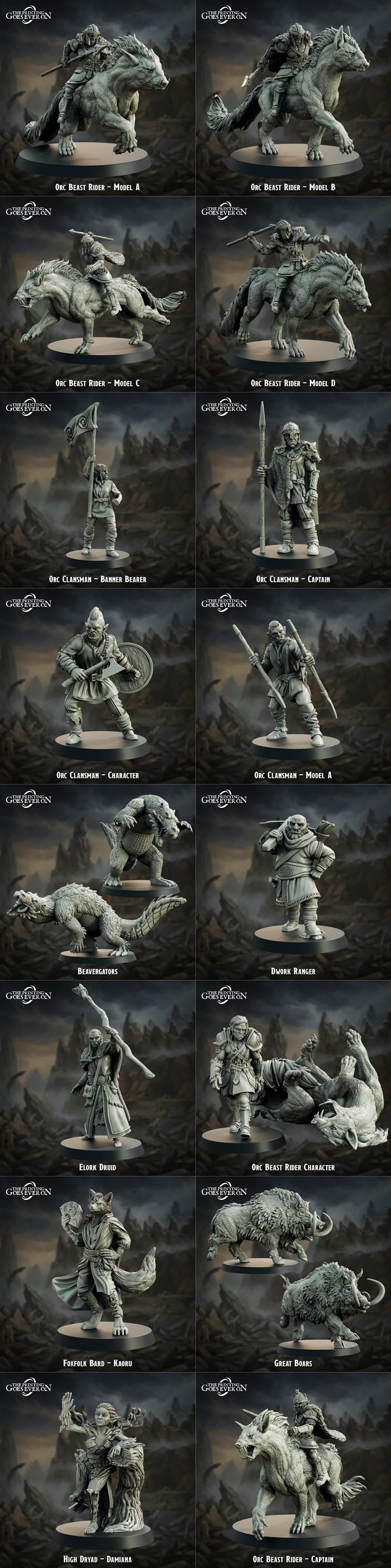 Collection of fantasy miniatures for 3D printing, including large monsters like a centipede-like Ashquake Burrower, a...