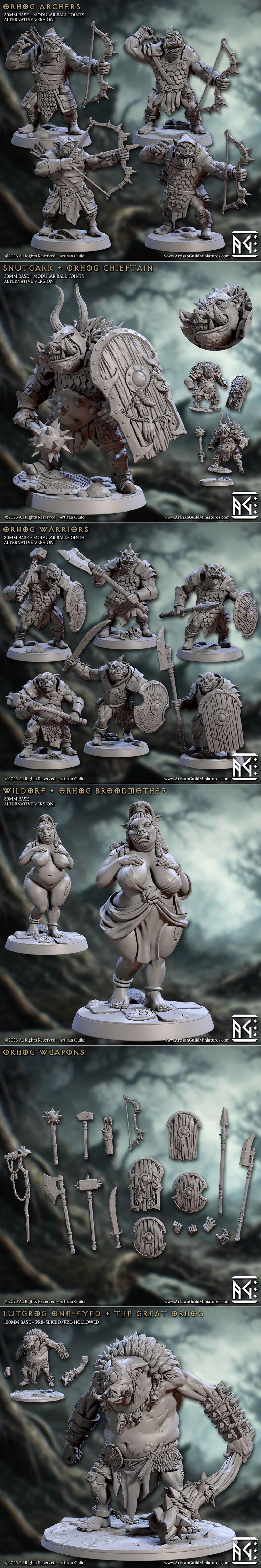 Collection of fantasy pig-orc miniatures: warriors with axes and shields, archers with bows, and a shaman with a staf...