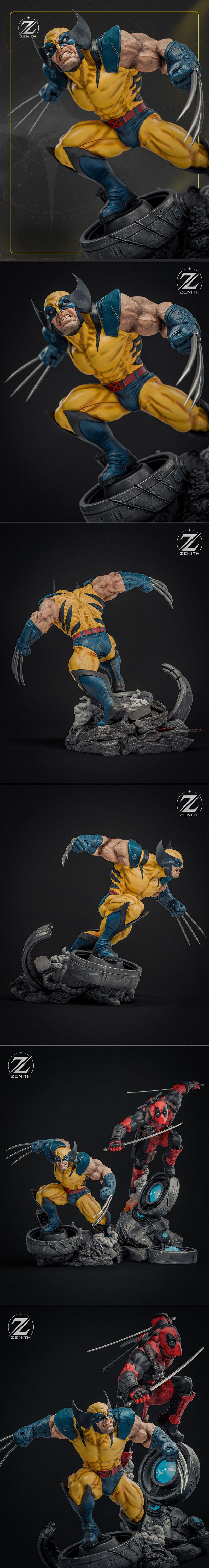 Wolverine in a dynamic action pose, claws extended, wearing his iconic yellow and blue costume. Detailed musculature...