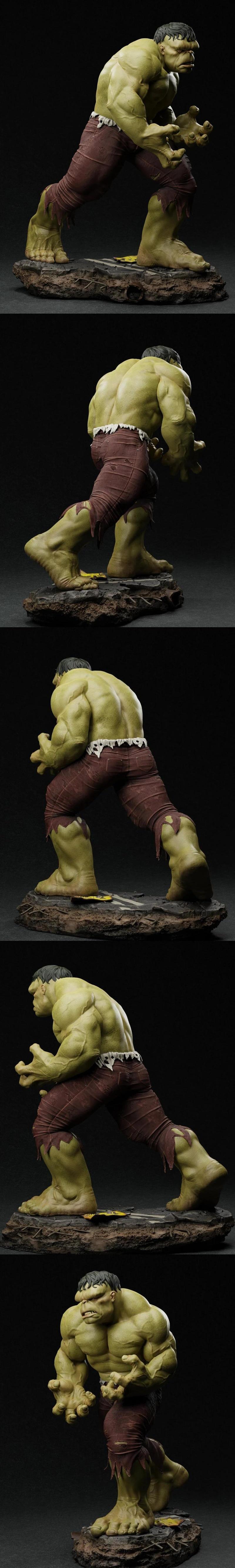 The Incredible Hulk standing in an enraged pose on a rubble-strewn base, showcasing his muscular physique and torn pa...