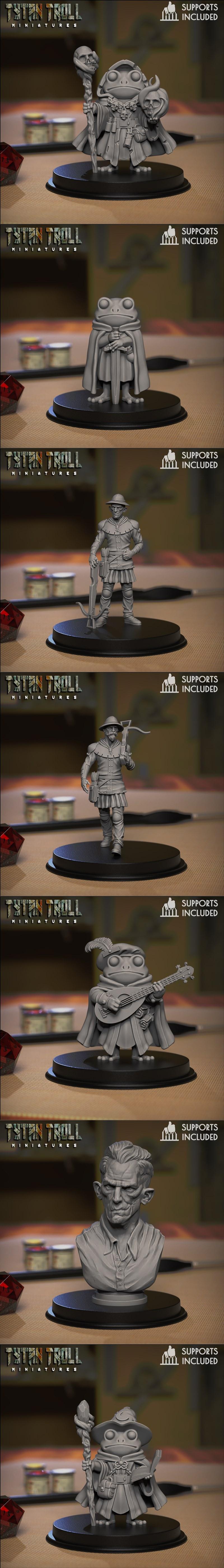 Collection of 3D printable miniatures: frogfolk characters as bard, warrior, mage, and cloaked figures; human crossbo...
