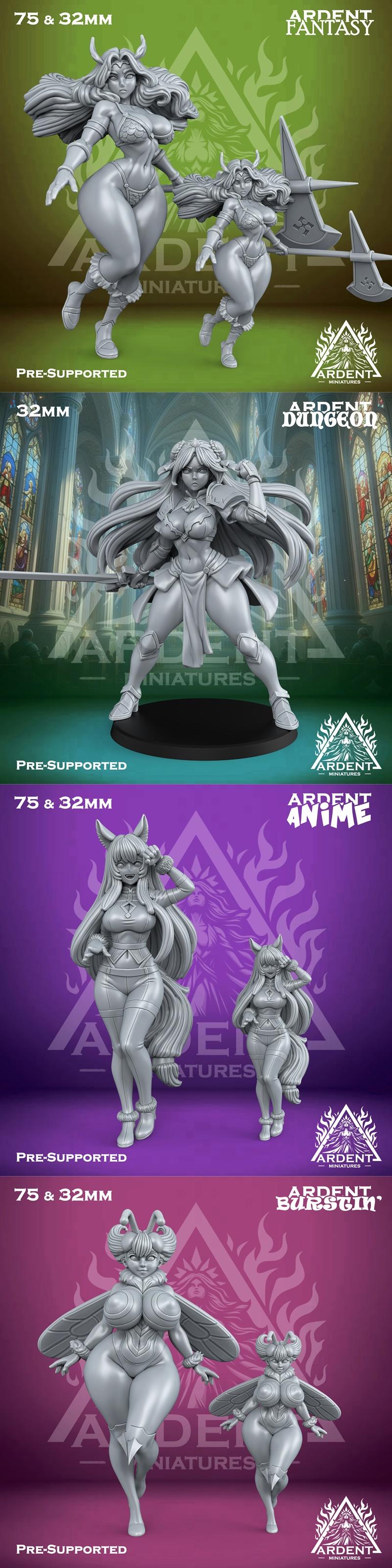Collection of four 3D model sets: Ardent Dungeon fantasy female with sword, Ardent Pop and Anime stylized figures, an...