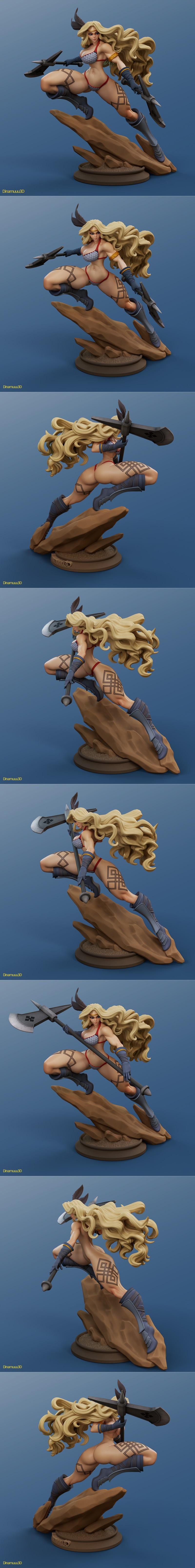 Female warrior 'Amazon' in a dynamic leaping pose on a rocky base, holding a large axe. Wears a bikini top and loincl...