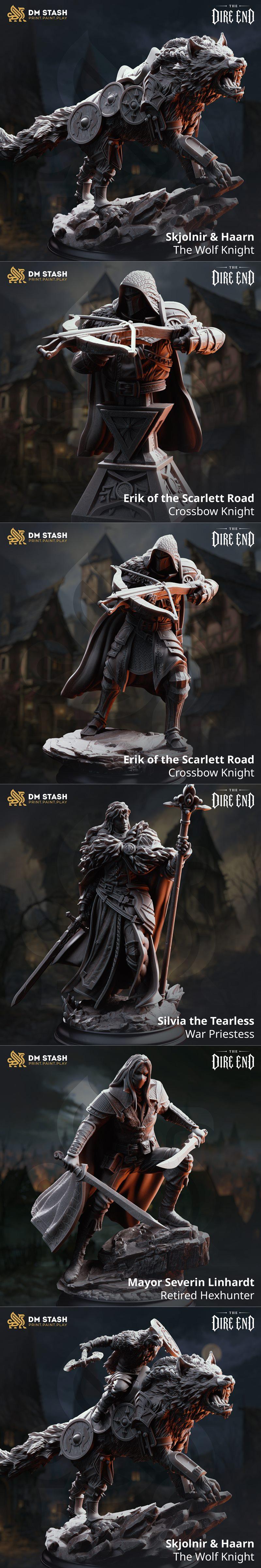 Collection of 21 dark fantasy miniatures including creatures like a giant boar and blighted knights, and characters s...