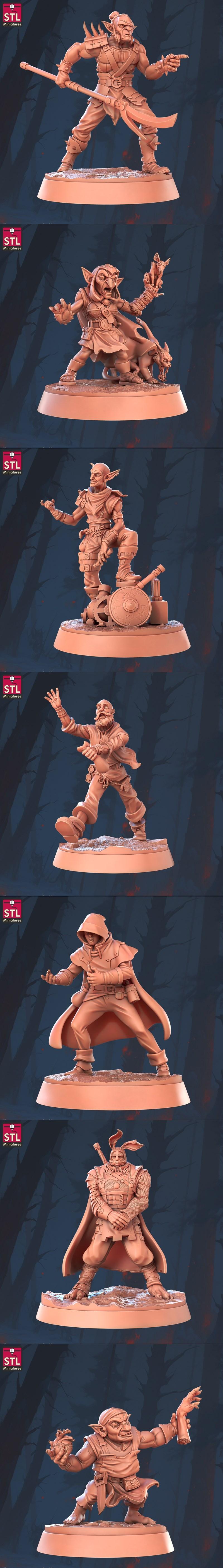 Collection of fantasy miniatures including a goblin merchant with a cart, a crafter at a workbench, and a figure hold...