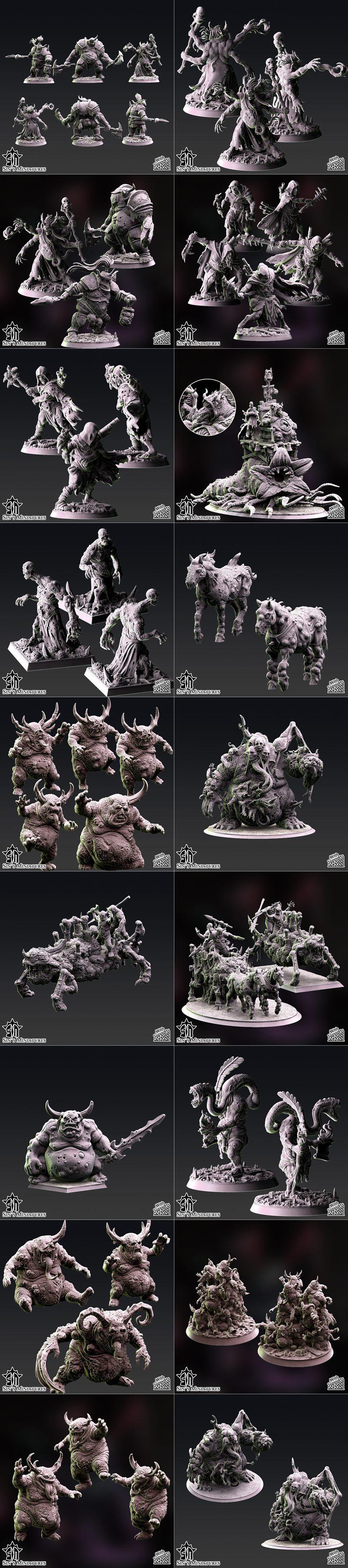 Collection of demonic miniatures with horns and grotesque features, displayed on small bases. Includes large and smal...