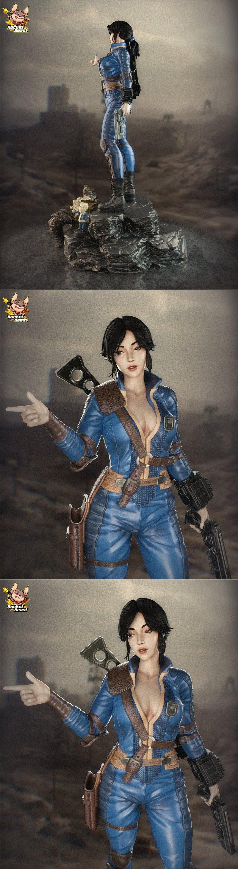 Fallout's Lucy figure in blue jumpsuit, holding a pistol, standing on a rocky base with a horned skull and Vault Boy.
