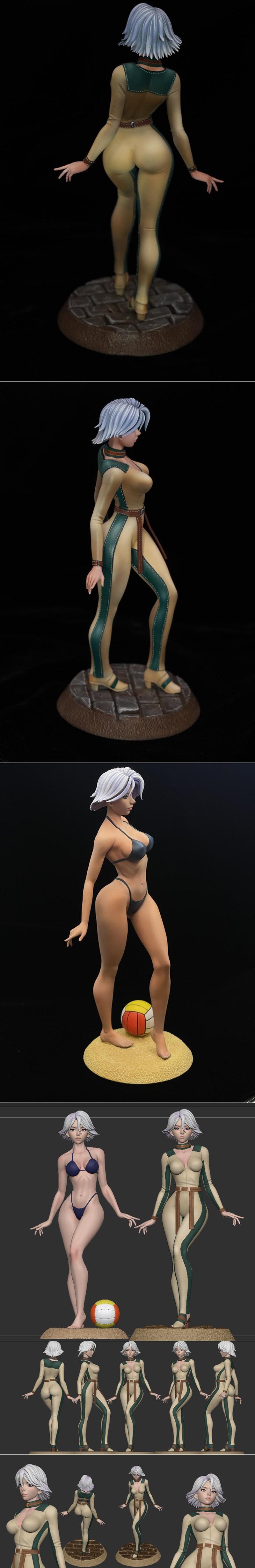 Christie from Dead or Alive in a tan jumpsuit on cobblestones, and in a dark bikini on a sandy base with a volleyball.
