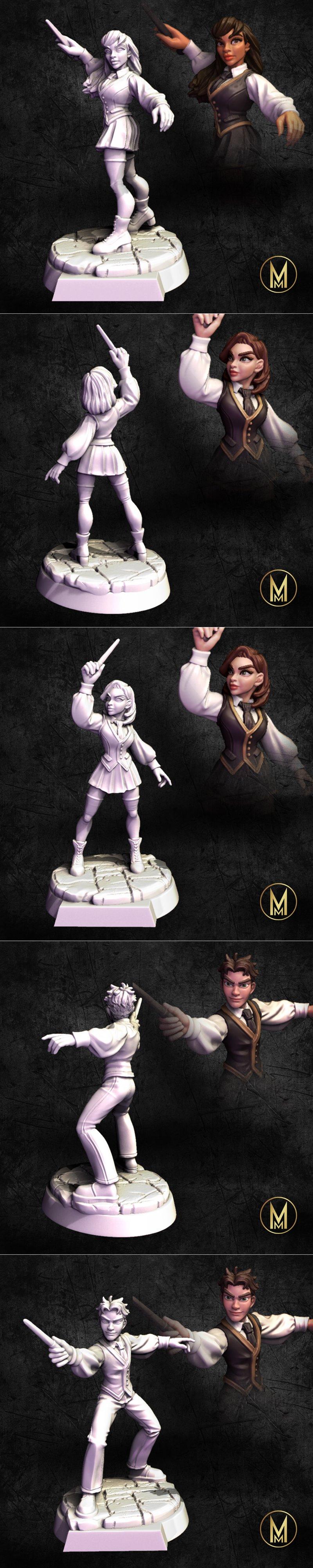Collection of fantasy miniatures depicting students in school uniforms, some holding wands and others swords and shie...