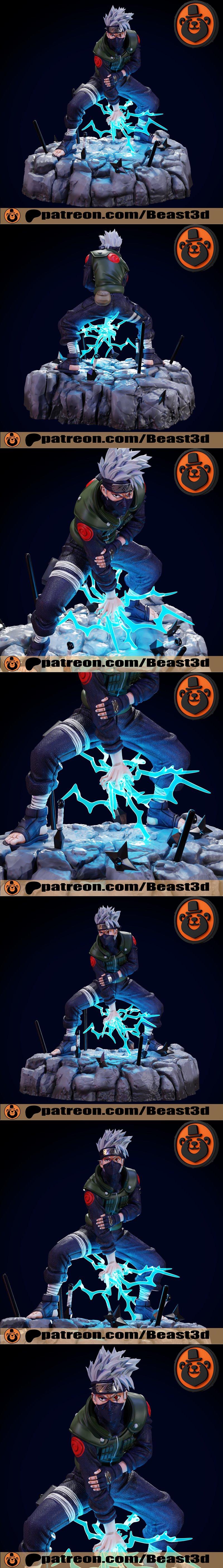 Kakashi Hatake figure in a dynamic crouch, channeling blue lightning jutsu, surrounded by rocks, kunai, and shuriken....