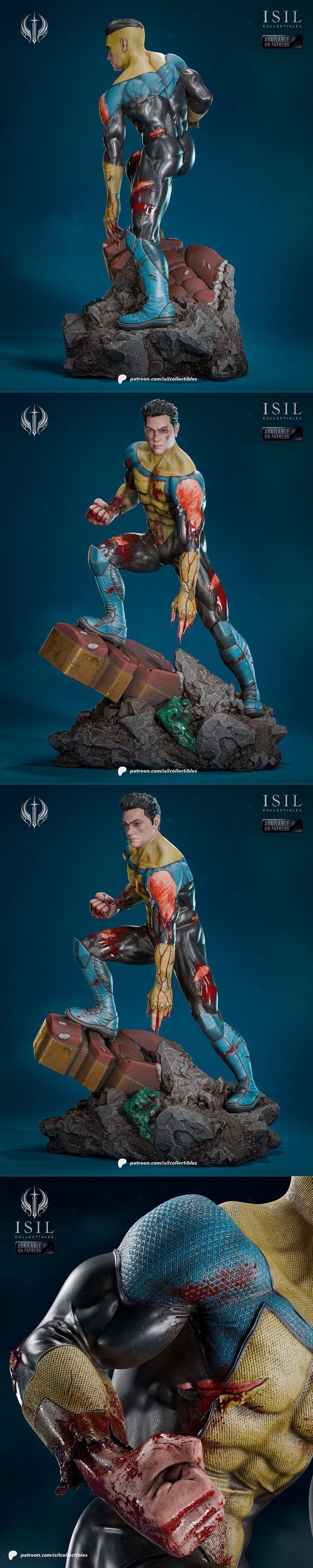 Invincible superhero figure in a damaged, bloody suit, standing on a rocky diorama base with debris.