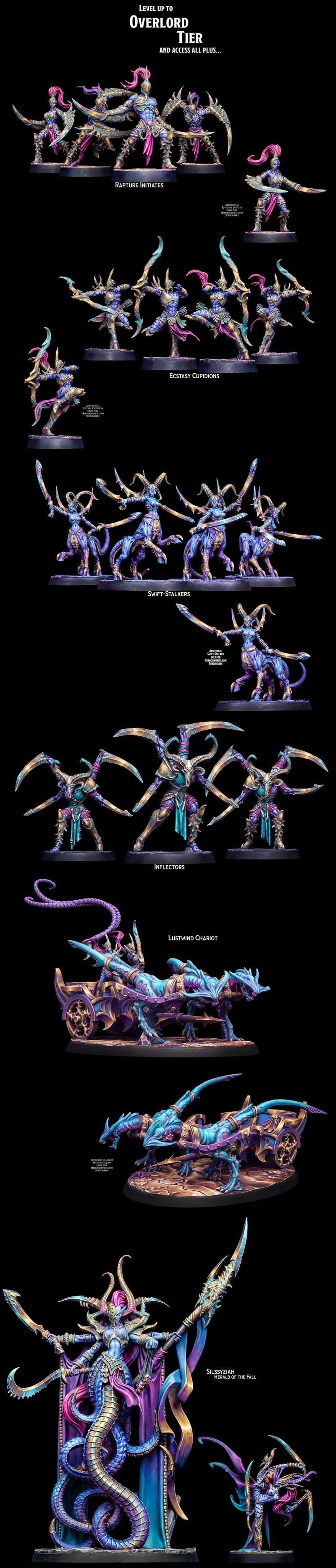 Three dynamic female elves with blue skin, tiger stripes, horns, and ornate armor. One wields a sword, another poses...