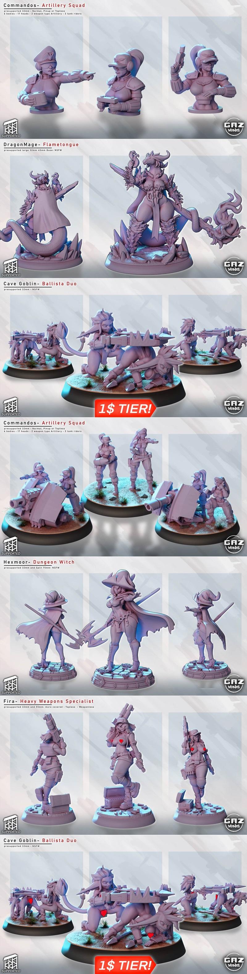 Three fantasy female miniatures: a dragon-mage with a staff, a witch with an axe, and a heavy weapons specialist with...
