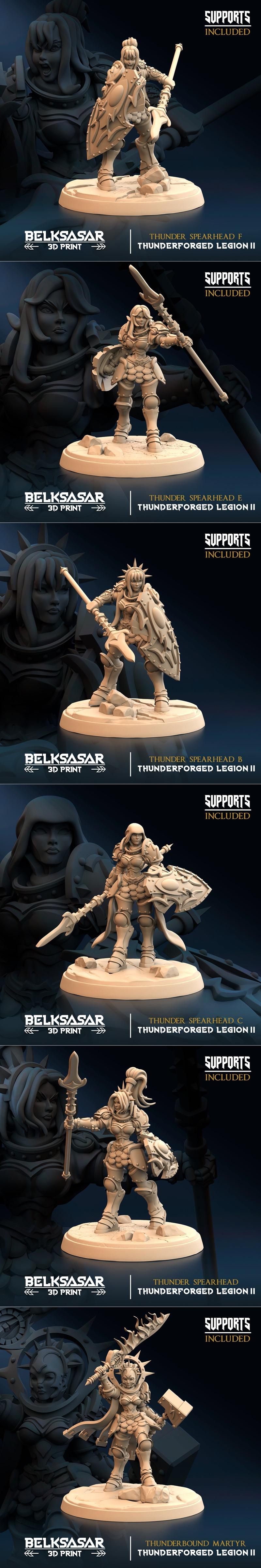 Collection of fantasy miniatures: female warriors with axes and swords, winged figures, and dragon riders, all on dis...