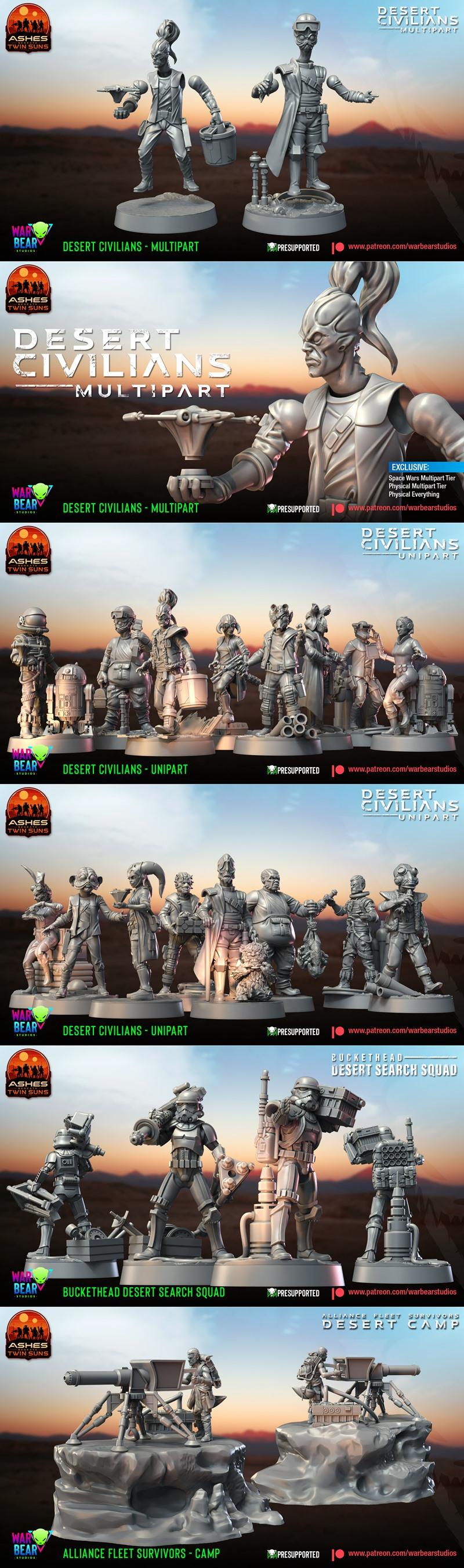 Collection of sci-fi smugglers for 3D printing, including human and alien figures with blasters and cantina props. Wa...