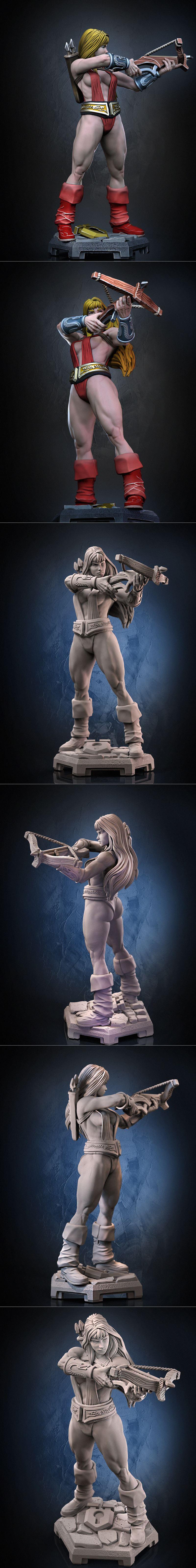 Muscular female warrior 'Amazon Sara' in a red leotard and boots, holding a crossbow, with a quiver of arrows. Sculpt...