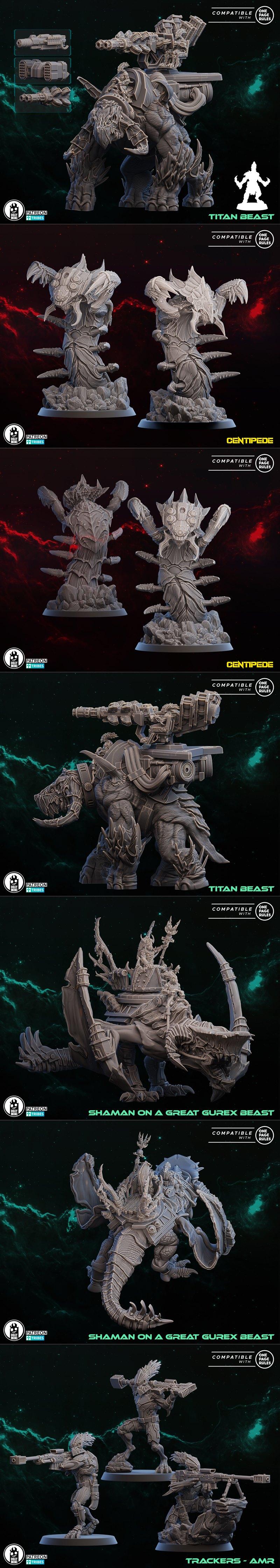 Collection of sci-fi and fantasy miniatures: gorilla riders, dactyl riders, and trackers with AMR weaponry, all on di...